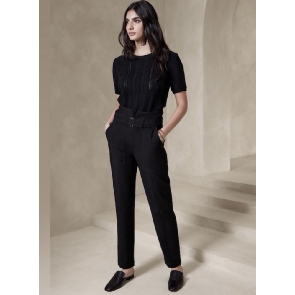 Banana Republic Refined Utility Pants Womens 10 Black High Rise Belted Stretch
